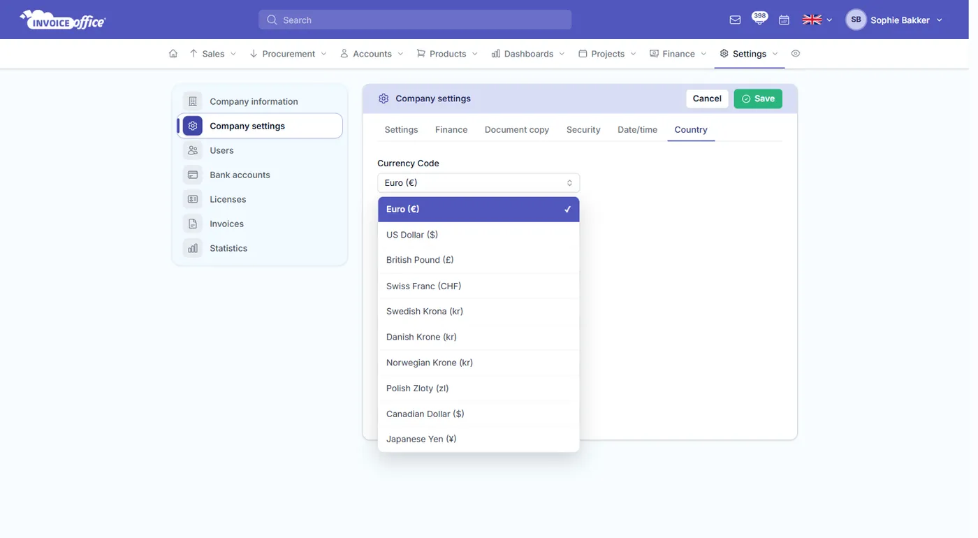Invoice Office company settings on the Country tab, showing Currency Code set to Euro with the currency list open on US Dollar, British Pound, Swiss Franc and other currencies, above the currency format, decimal symbol and thousand sign settings