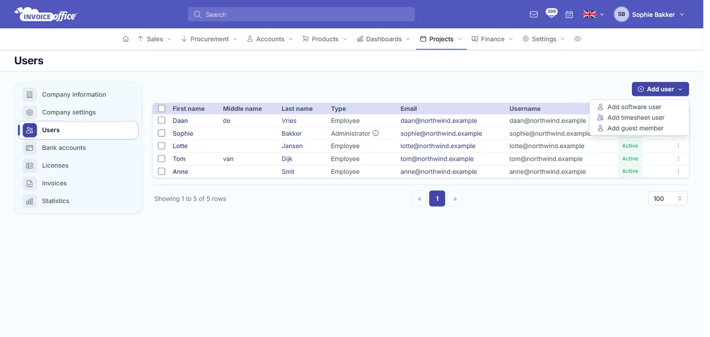 The Invoice Office Users screen listing each user's name, type, email, username and status, with the Add user menu open on Add software user, Add timesheet user and Add guest member