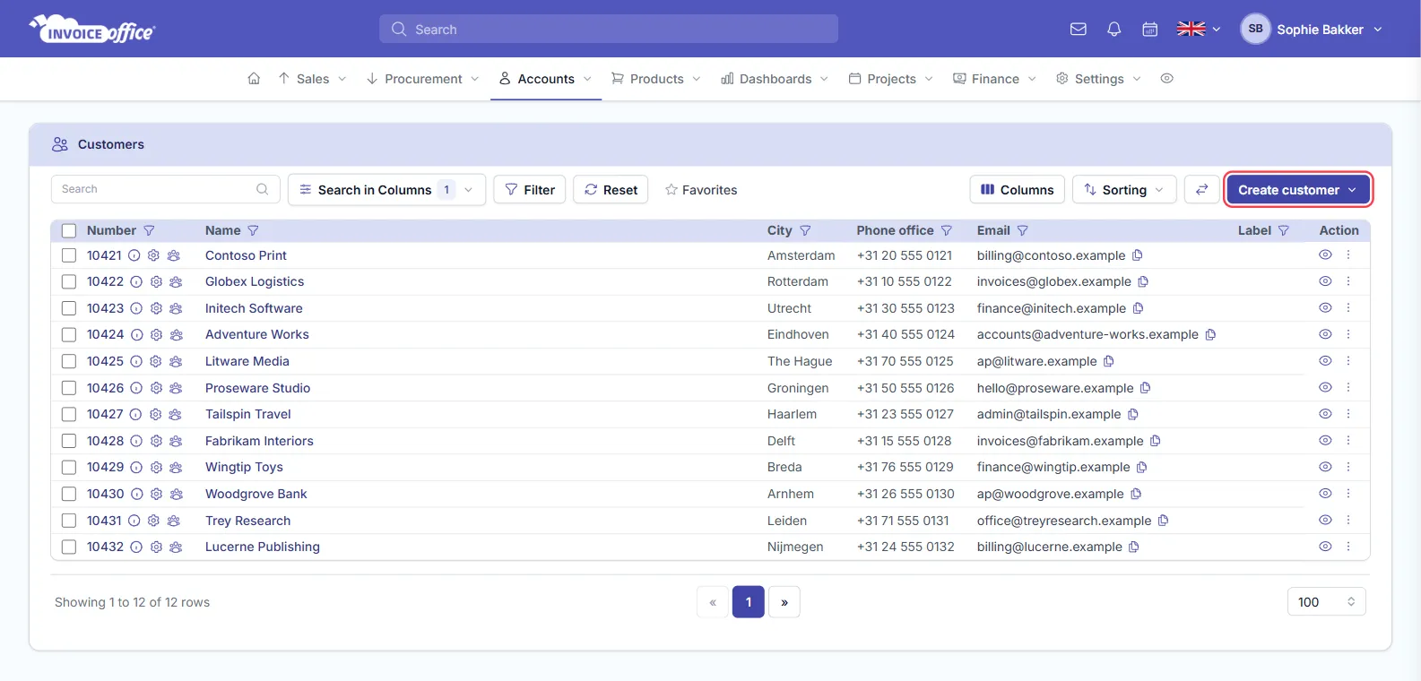 The Invoice Office customers list showing customer number, name, city, phone office and email columns, with the Create customer button in the top right outlined in red