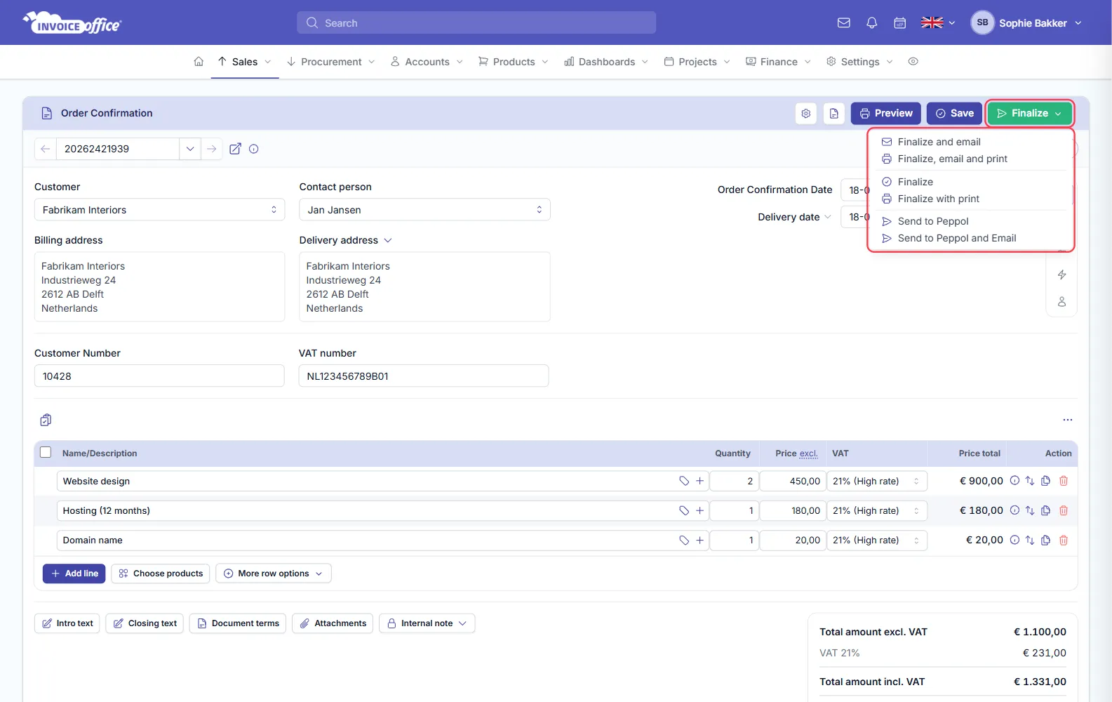 The Finalize menu open on an Invoice Office order confirmation, listing Finalize and email, Finalize, email and print, Finalize, Finalize with print, Send to Peppol and Send to Peppol and Email