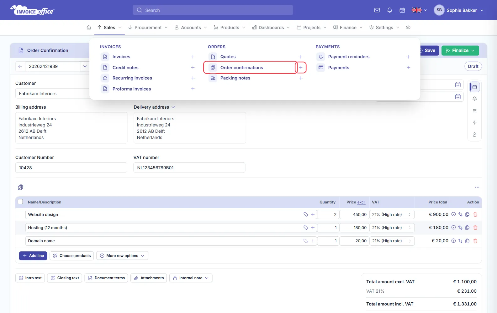The Sales menu open in Invoice Office with Quotes, Order confirmations and Packing notes under ORDERS, each with a plus icon; Order confirmations and its plus icon are outlined in red
