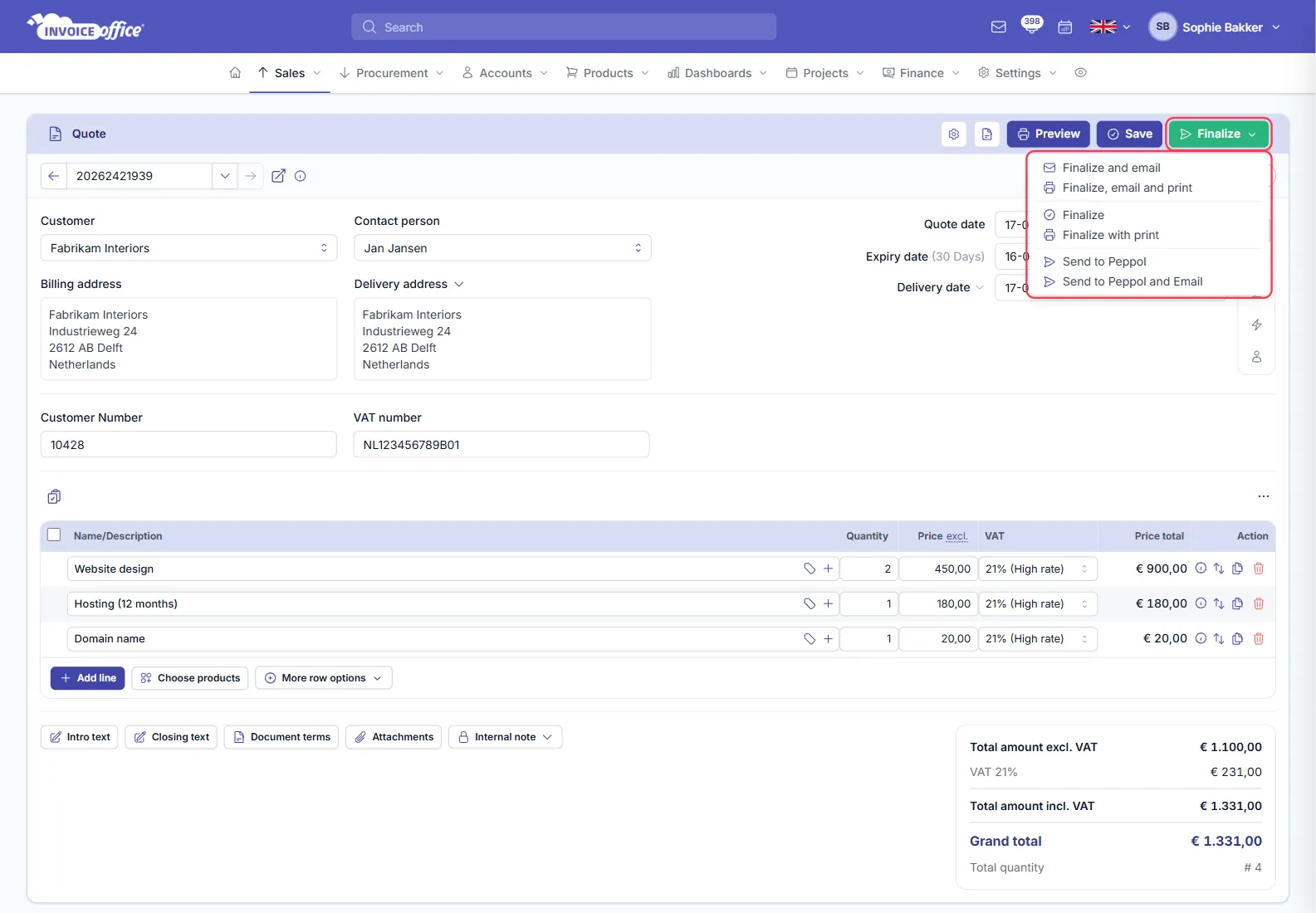 The Finalize menu open on an Invoice Office quote, listing Finalize and email, Finalize, email and print, Finalize, Finalize with print, Send to Peppol and Send to Peppol and Email