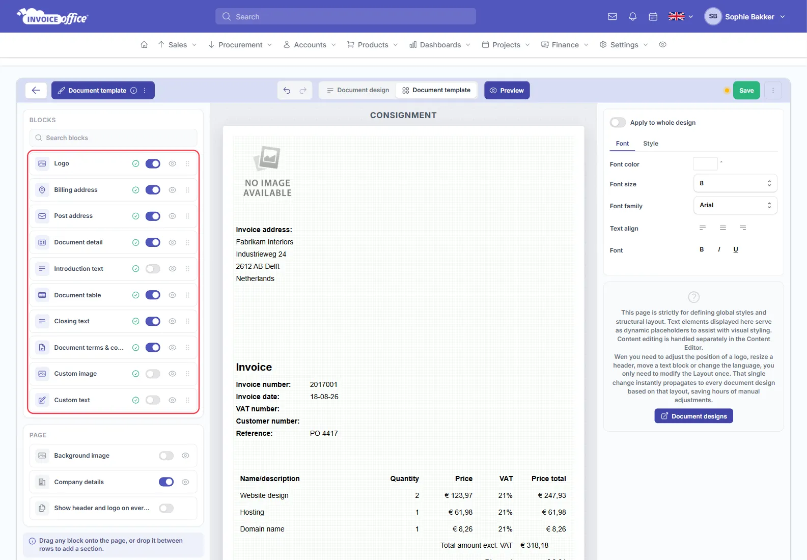 The blocks list in the Invoice Office document template editor outlined in red, showing Logo, Billing address, Post address, Document detail, Introduction text, Document table, Closing text, Document terms and conditions, Custom image and Custom text, each with a visibility switch