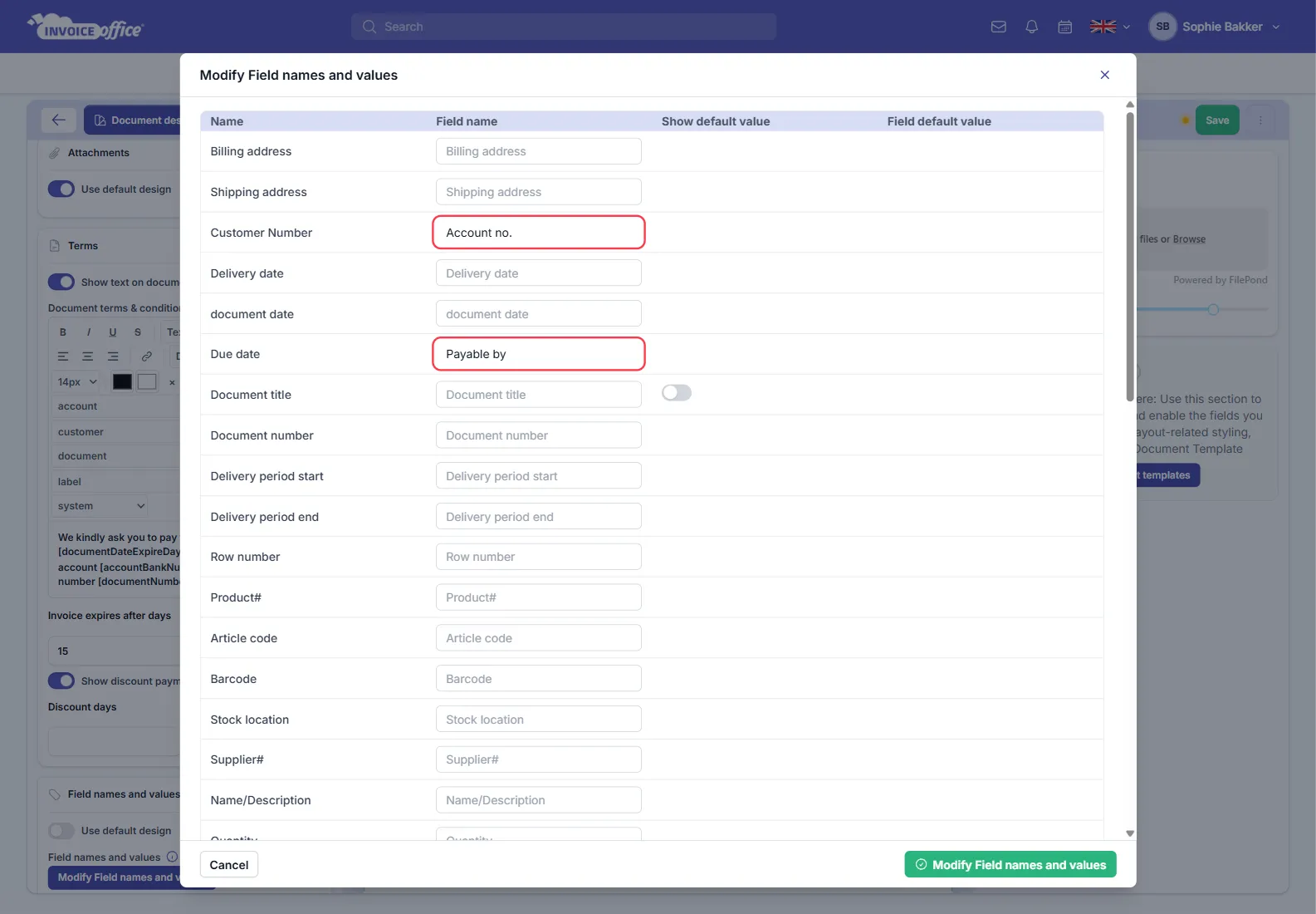 The Modify Field names and values pop-up in Invoice Office, listing fields such as Billing address, Customer Number, Delivery date, Due date and Document number with a Field name column; Customer Number renamed to Account no. and Due date renamed to Payable by are outlined in red