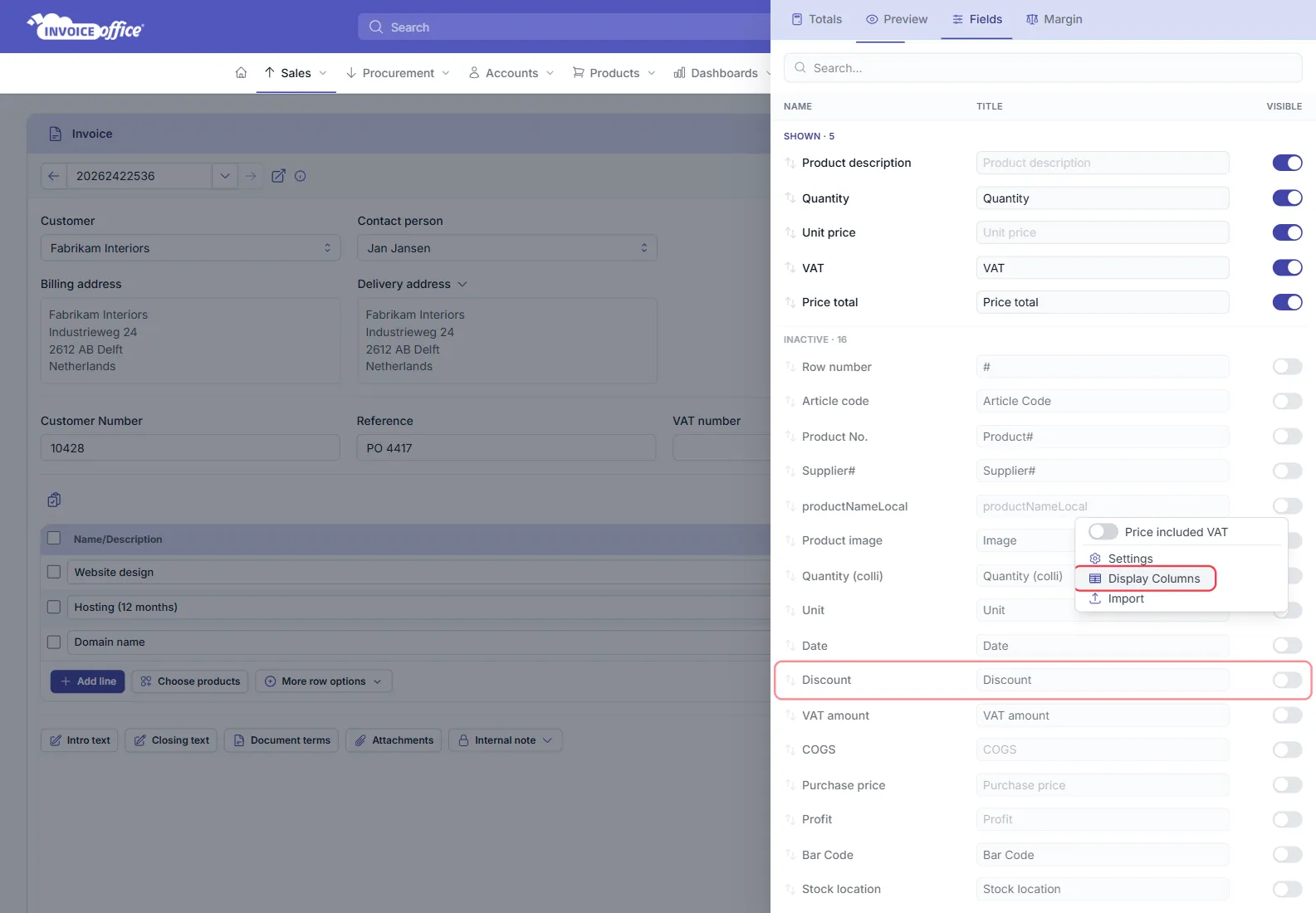 The Display Columns panel open on an Invoice Office invoice, showing five shown columns and sixteen inactive ones; Display Columns in the dots menu and the Discount row with its toggle are outlined in red