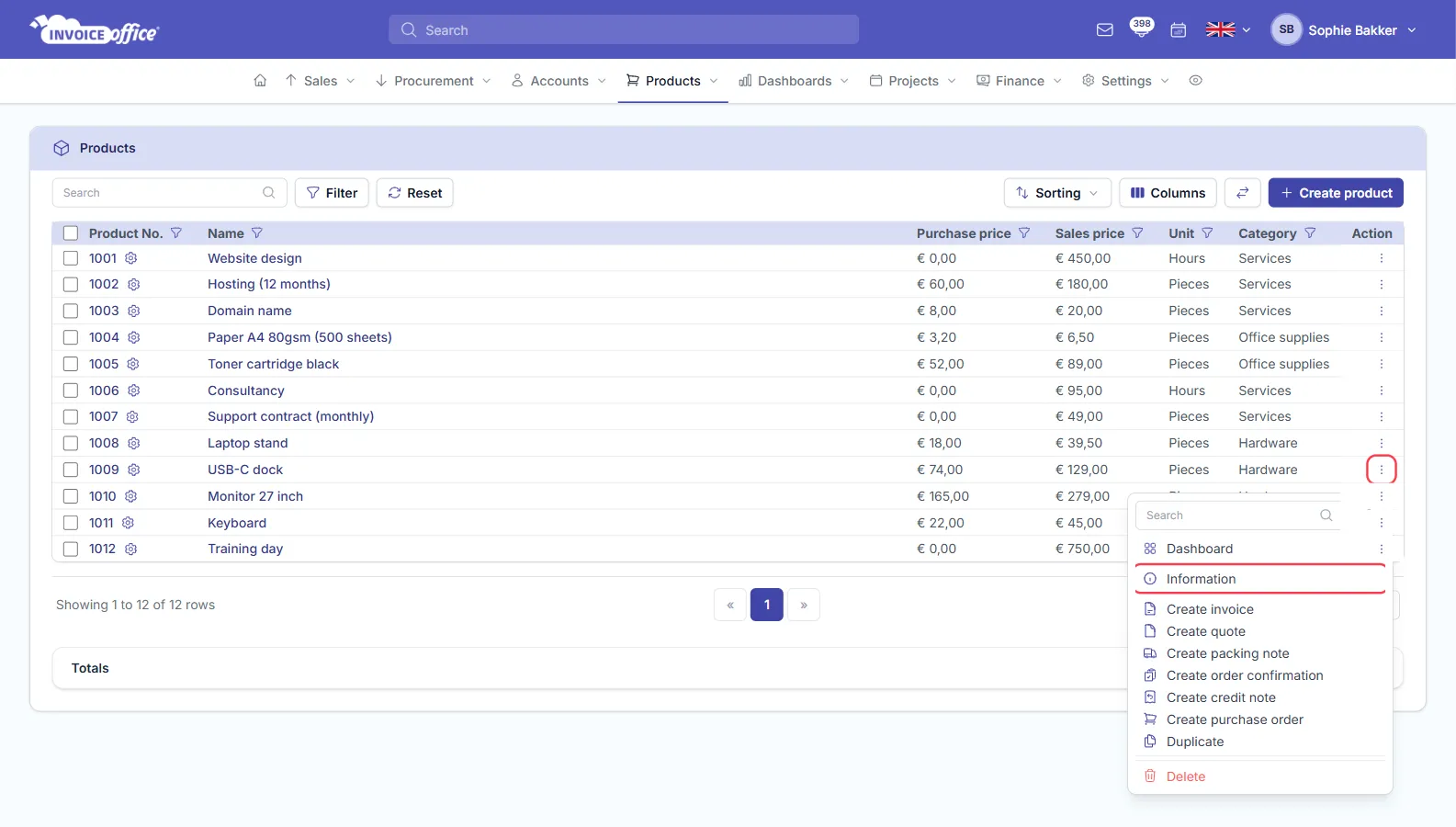 The Invoice Office products list with the Action menu open on product 1009 USB-C dock, showing Dashboard, Information, the Create document entries, Duplicate and Delete; the Action button and Information are outlined in red