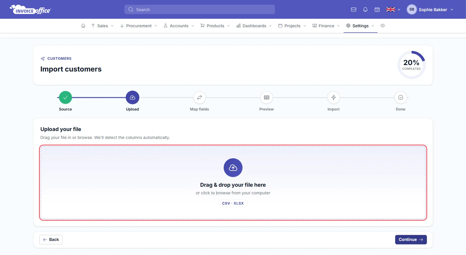 Step two of the Invoice Office import wizard, Upload your file, with a drag and drop zone accepting CSV and XLSX outlined in red