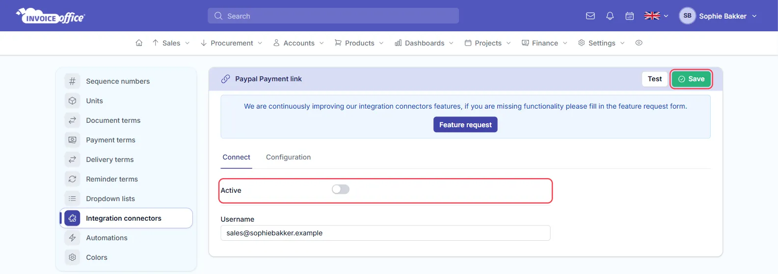 The PayPal payment link connector settings in Invoice Office, Connect tab, with an Active switch and a Username field; the Active row and the Save button are outlined in red