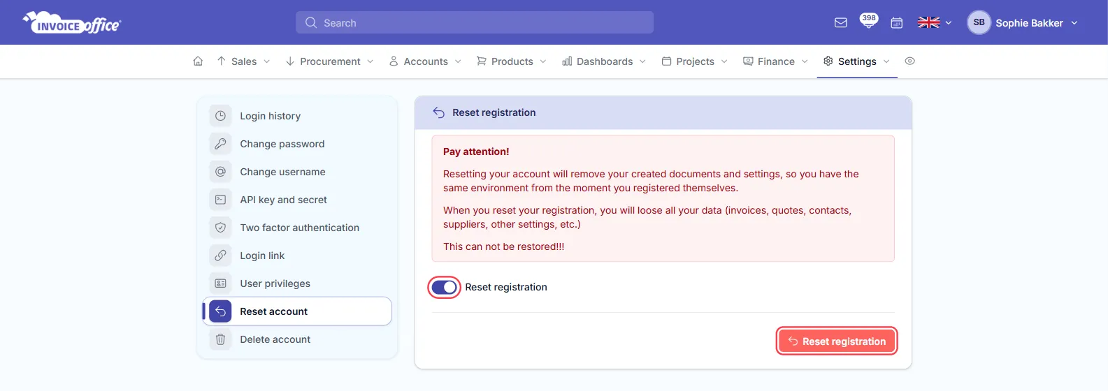 The Reset registration page in the Invoice Office Security center, with a red Pay attention warning that resetting removes all documents and settings and cannot be restored — the Reset registration switch and the red Reset registration button are outlined in red